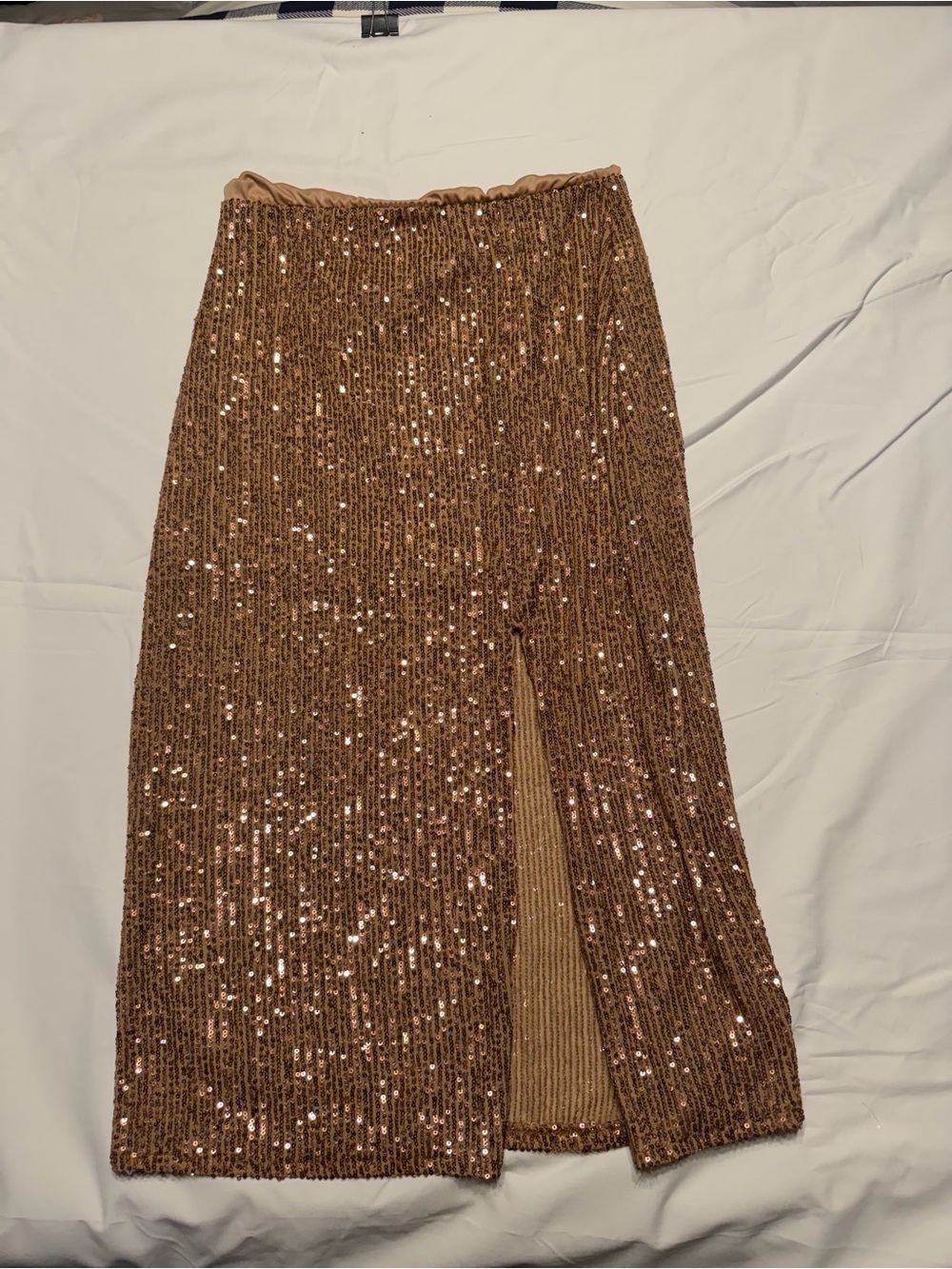 Sequin Midi Skirt with Front Slit - Bronze/Copper Large 1101